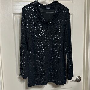 First Glance Black Sequin Top Long Sleeves Cowl Neck Sparkly Party Tunic